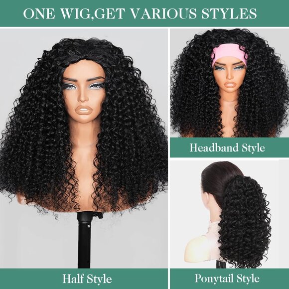 Human Hair with Seamless Flip-Over Drawstring Half Wig, 18" Natural Black - Picture 9 of 10